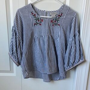 Passport Navy Striped Top with Floral Embroidery